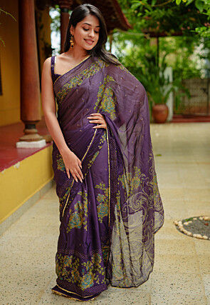 Digital Printed Chiffon Saree in Purple