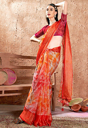 Digital Printed Chiffon Saree in Red and Orange