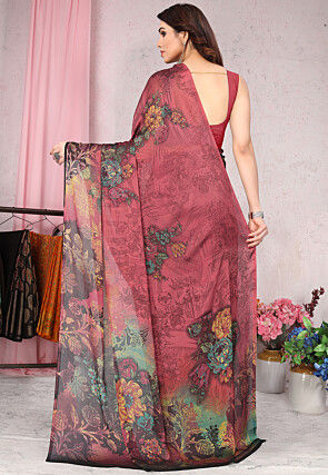 Digital Printed Chiffon Saree in Red