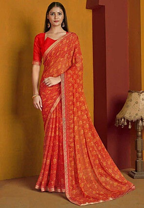 Digital Printed Chiffon Saree in Red