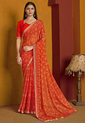 Digital Printed Chiffon Saree in Red