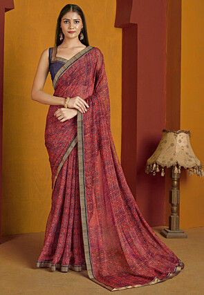 Digital Printed Chiffon Saree in Red