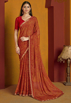 Digital Printed Chiffon Saree in Red