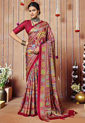 Digital Printed Chiffon Saree in Red