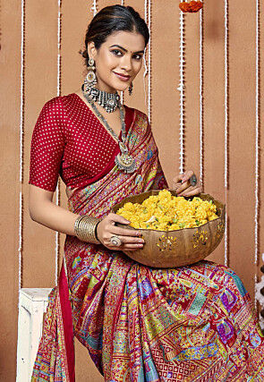 Digital Printed Chiffon Saree in Red