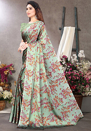 Digital Printed Chiffon Saree in Sea Green