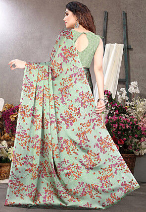 Digital Printed Chiffon Saree in Sea Green