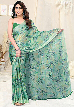 Digital Printed Chiffon Saree in Sea Green