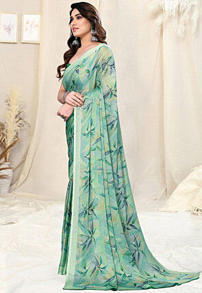Digital Printed Chiffon Saree in Sea Green