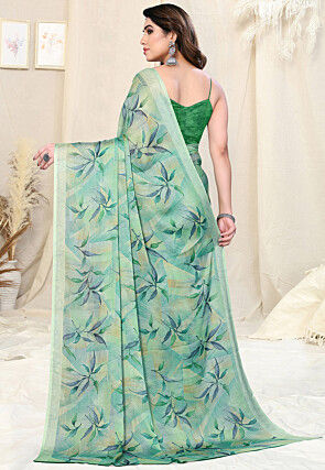 Digital Printed Chiffon Saree in Sea Green