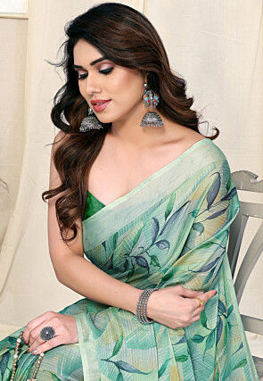 Digital Printed Chiffon Saree in Sea Green