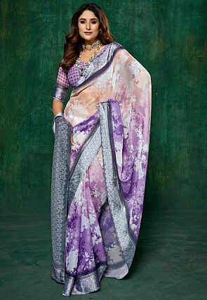 Digital Printed Chiffon Saree in Shaded Peach and Purple