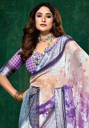 Digital Printed Chiffon Saree in Shaded Peach and Purple
