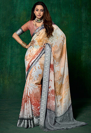 Digital Printed Chiffon Saree in Shaded Peach