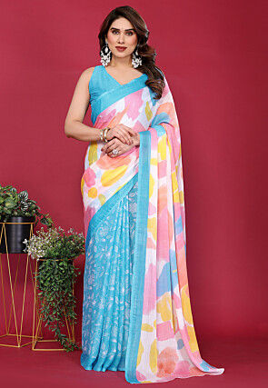 Half N Half Chiffon Saree in Sky Blue and Multicolor