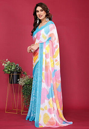 Half N Half Chiffon Saree in Sky Blue and Multicolor