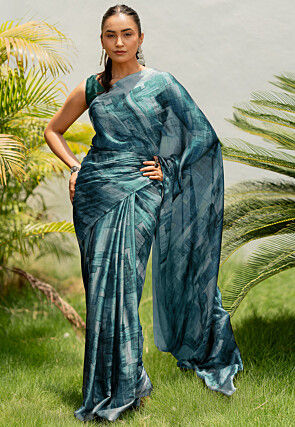 Digital Printed Chiffon Saree in Teal Blue