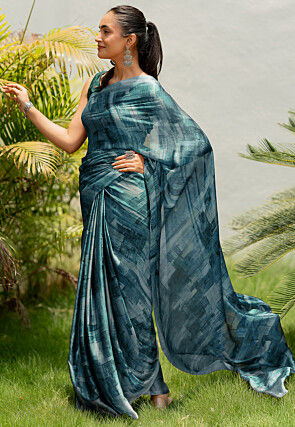 Digital Printed Chiffon Saree in Teal Blue
