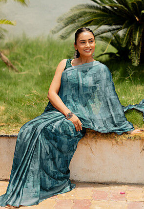 Digital Printed Chiffon Saree in Teal Blue