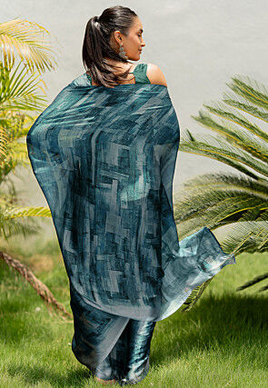 Digital Printed Chiffon Saree in Teal Blue
