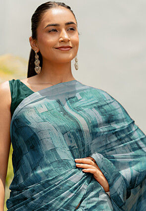 Digital Printed Chiffon Saree in Teal Blue