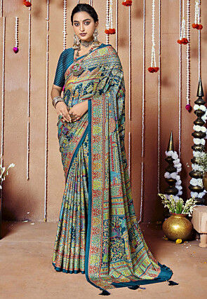 Digital Printed Chiffon Saree in Teal Blue