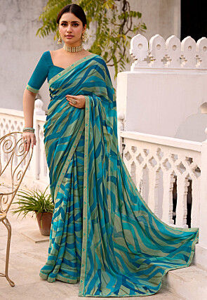 Digital Printed Chiffon Saree in Teal Blue