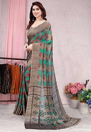 Digital Printed Chiffon Saree in Teal Green