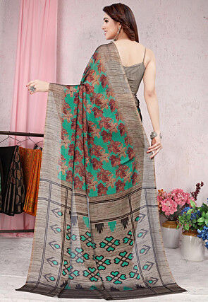 Digital Printed Chiffon Saree in Teal Green