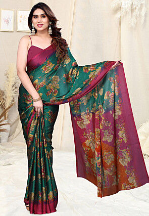 Digital Printed Chiffon Saree in Teal Green