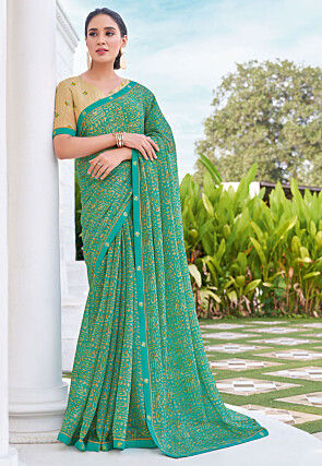 Digital Printed Chiffon Saree in Teal Green