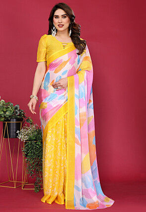 Half N Half Chiffon Saree in Yellow and Multicolor