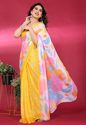 Half N Half Chiffon Saree in Yellow and Multicolor