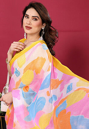 Half N Half Chiffon Saree in Yellow and Multicolor