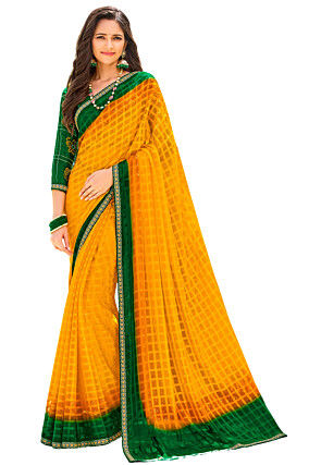 Digital Printed Chiffon Saree in Yellow