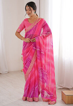 Digital Printed Chiffon Scalloped Saree in Pink and Purple