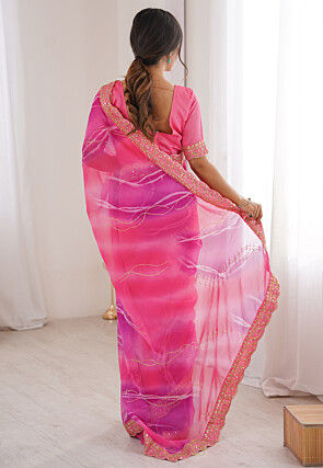 Digital Printed Chiffon Scalloped Saree in Pink and Purple