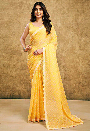 Digital Printed Chiffon Scalloped Saree in Yellow