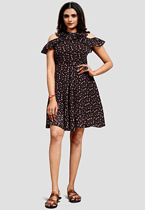 Digital Printed Chiffon Short Dress in Black