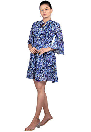 Digital Printed Chiffon Short Dress in Blue