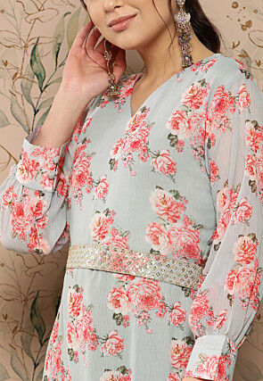 Digital Printed Chiffon Silk Midi Dress in Grey