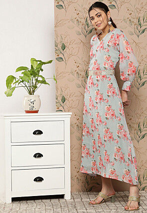 Digital Printed Chiffon Silk Midi Dress in Grey