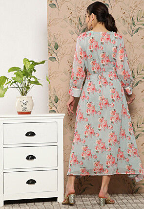 Digital Printed Chiffon Silk Midi Dress in Grey