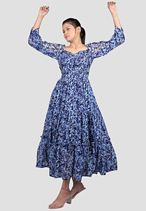 30D ultra-thin printed chiffon Georgette cloth elegant blue dress