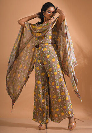 Digital Printed Chiffon Cape Style Top Set in Beige