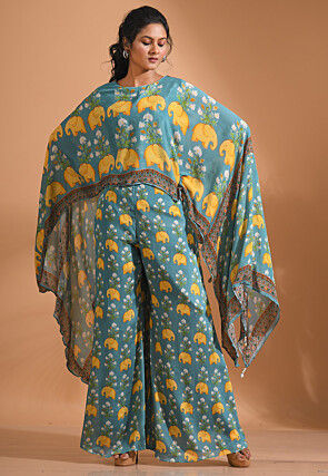 Digital Printed Chiffon Cape Style Top Set in Blue