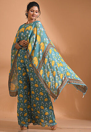Digital Printed Chiffon Cape Style Top Set in Blue