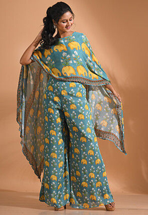 Digital Printed Chiffon Cape Style Top Set in Blue