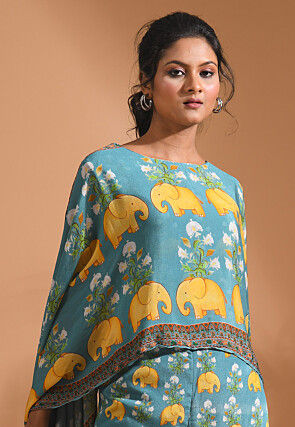 Digital Printed Chiffon Cape Style Top Set in Blue