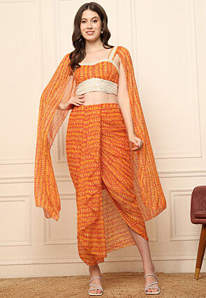 Digital Printed Chiffon Top Set in Orange